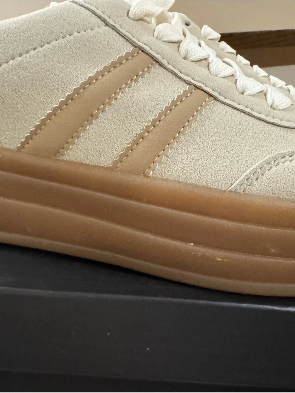 Sugarlips Cream Suede Sneakers with Tan Accent Stripes